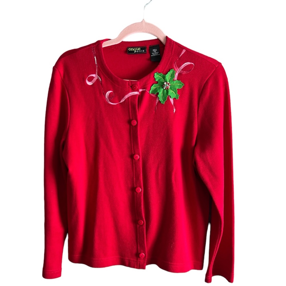 Onque Petite Women’s Red Christmas‎ Cardigan Holly Embroidered Ribbon Size PM